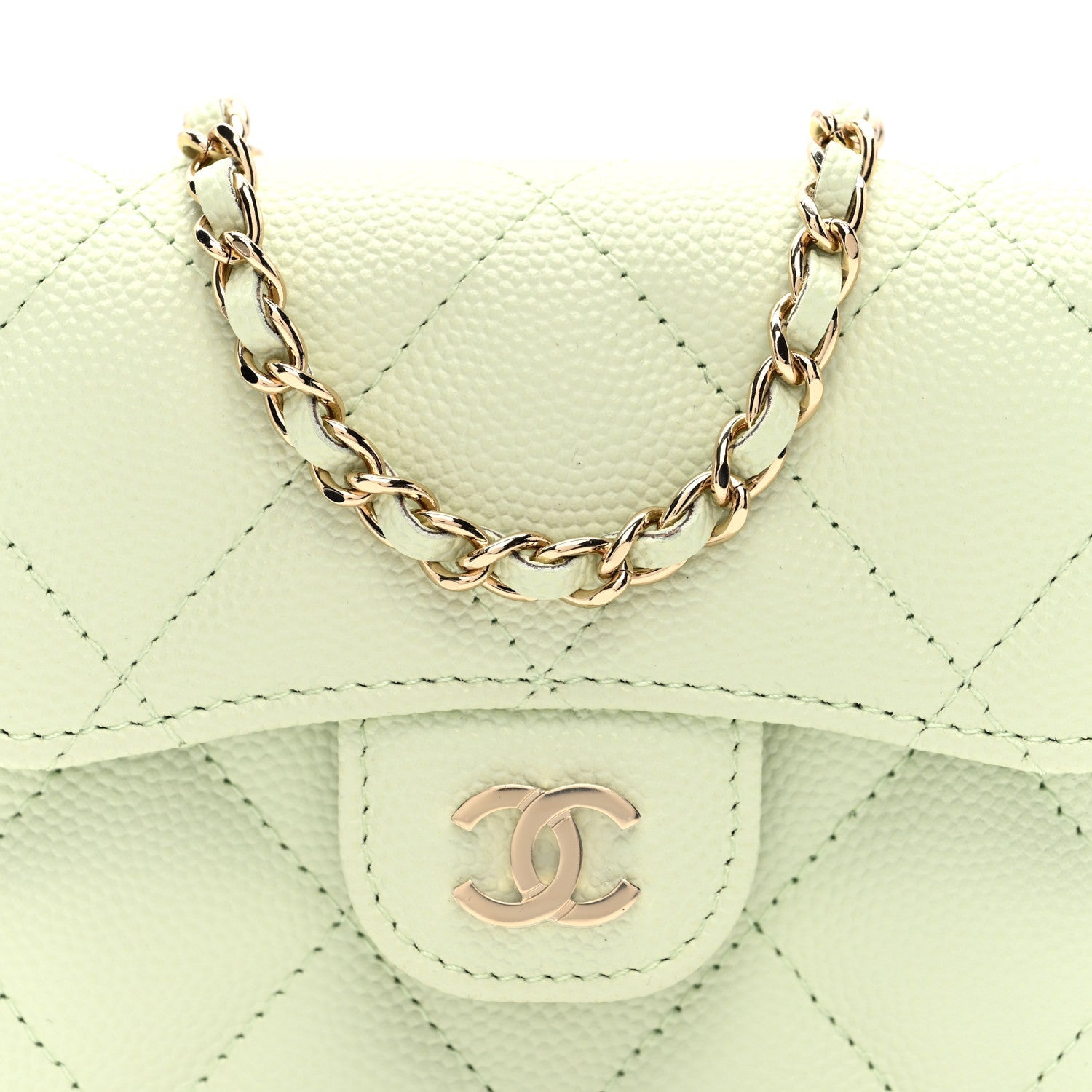 Chanel Caviar Quilted Flap Card Holder On Chain Light Green