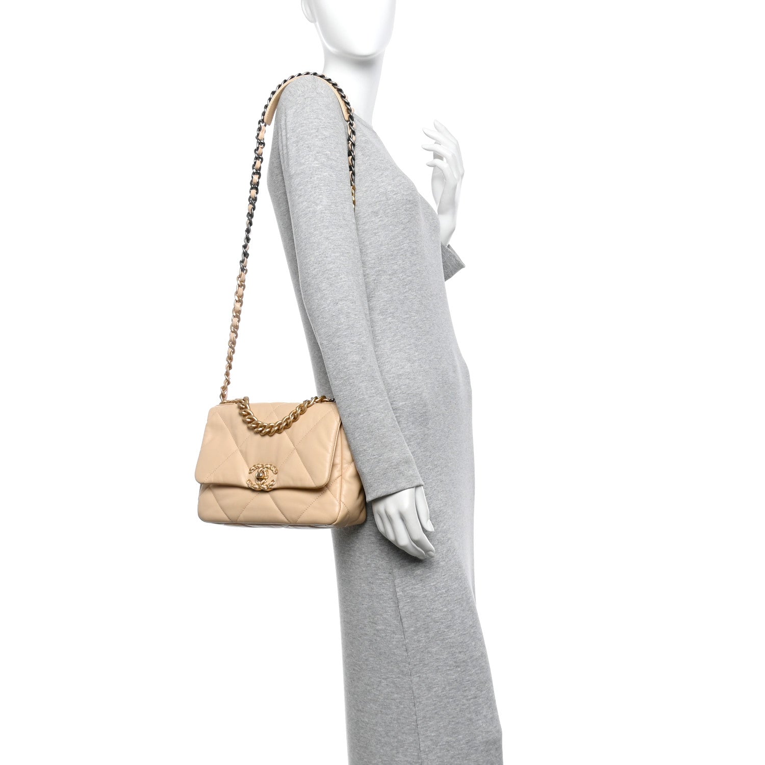 Chanel Shiny Goatskin Quilted Medium Chanel 19 Flap Beige