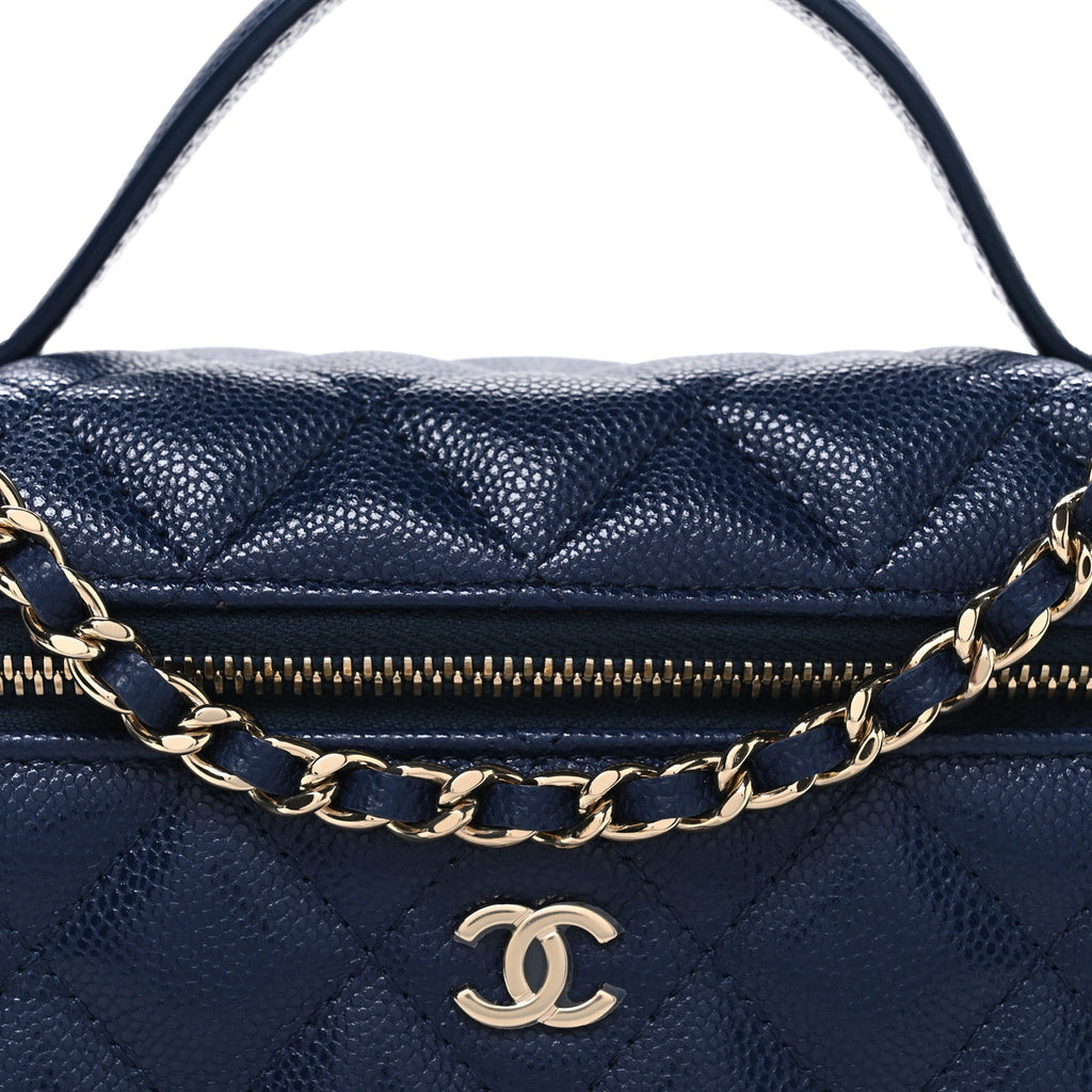 Chanel Caviar Quilted Top Handle Slim Vanity With Chain Navy