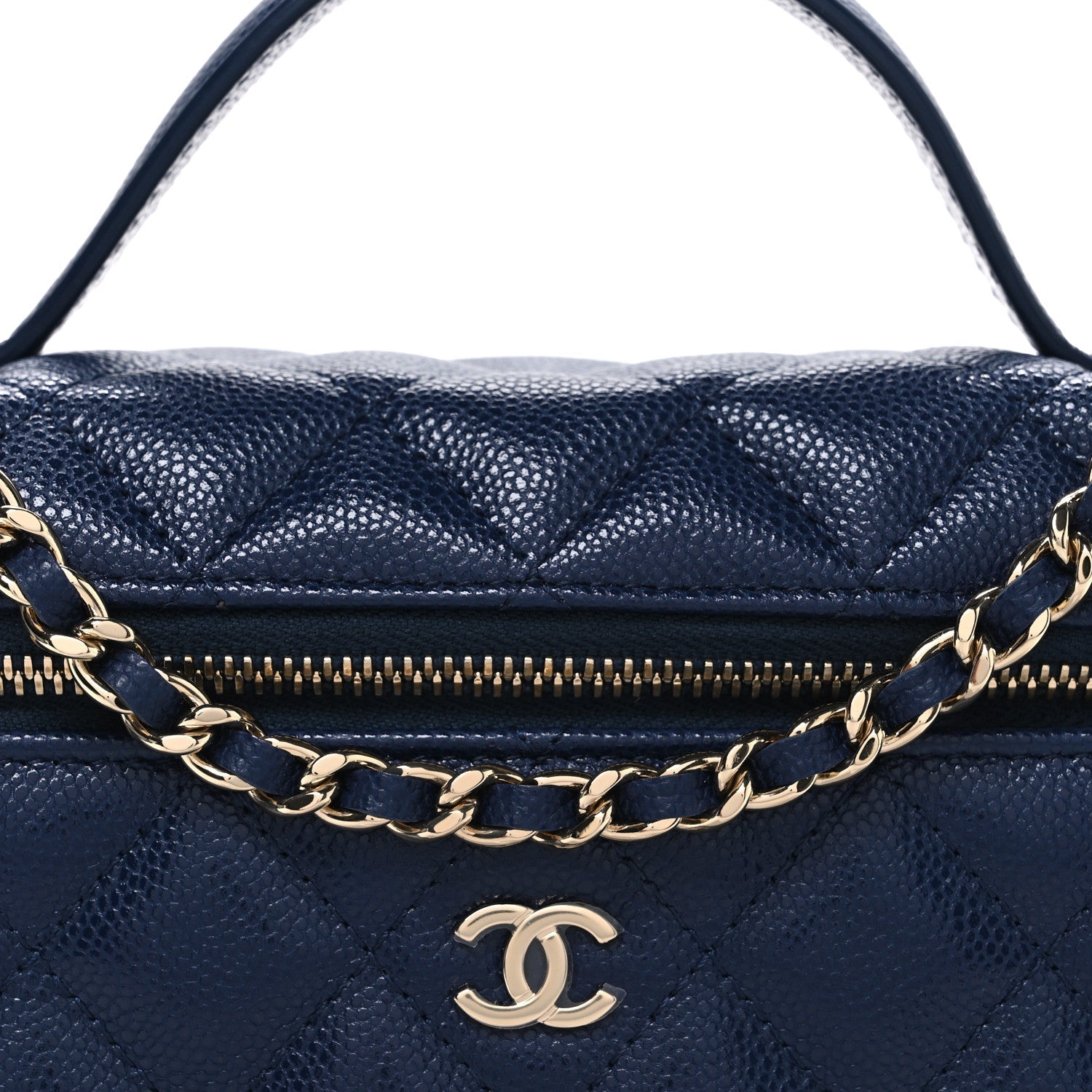 Chanel Caviar Quilted Top Handle Slim Vanity With Chain Navy