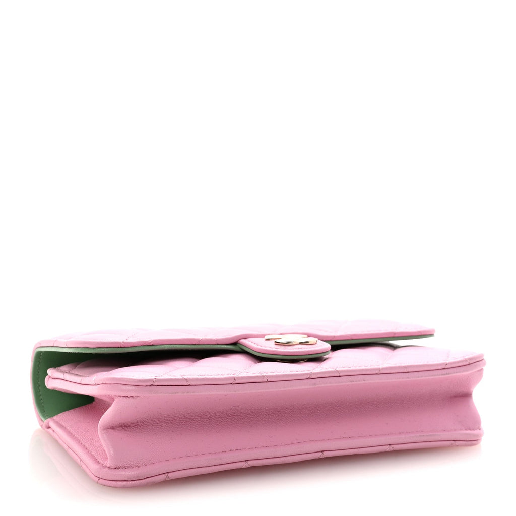 Chanel Lambskin Quilted Flap Phone Holder With Chain Lilac Light Green