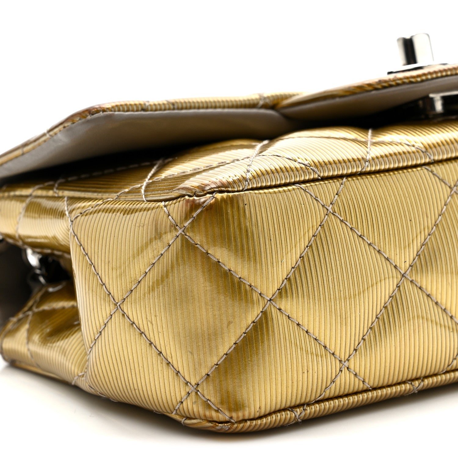 Chanel Striated Patent Quilted Extra Mini Rectangular Flap Gold