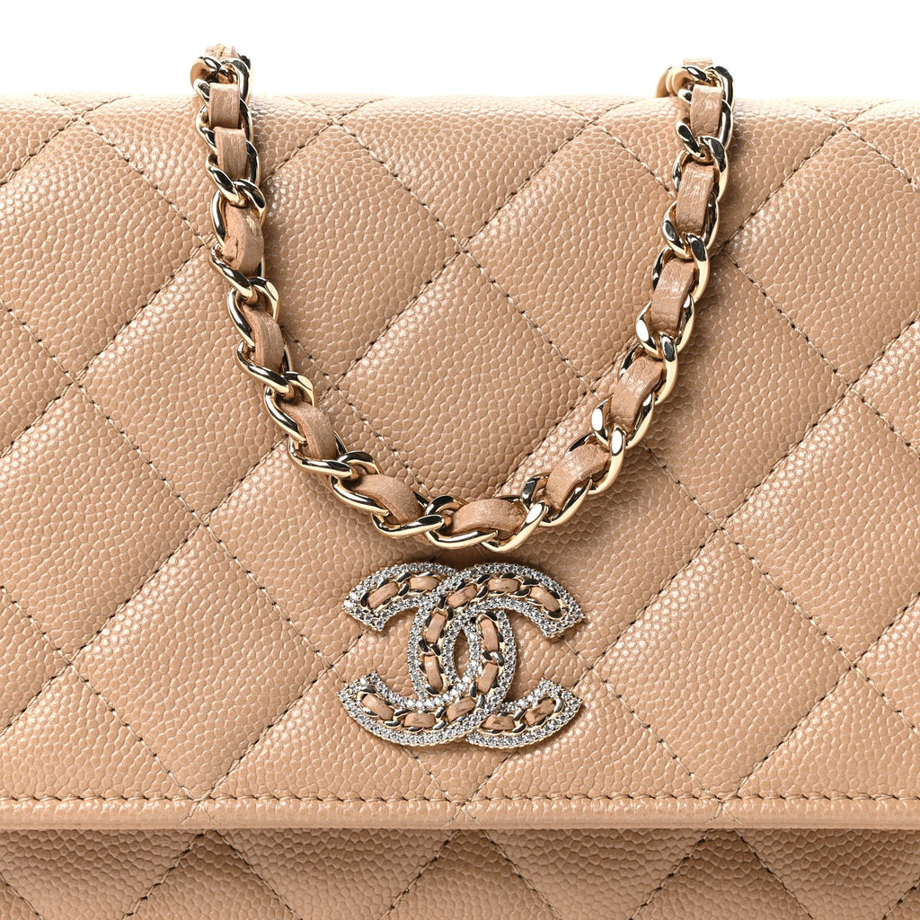 Chanel Caviar Quilted Crystal CC Wallet On Chain WOC Beige