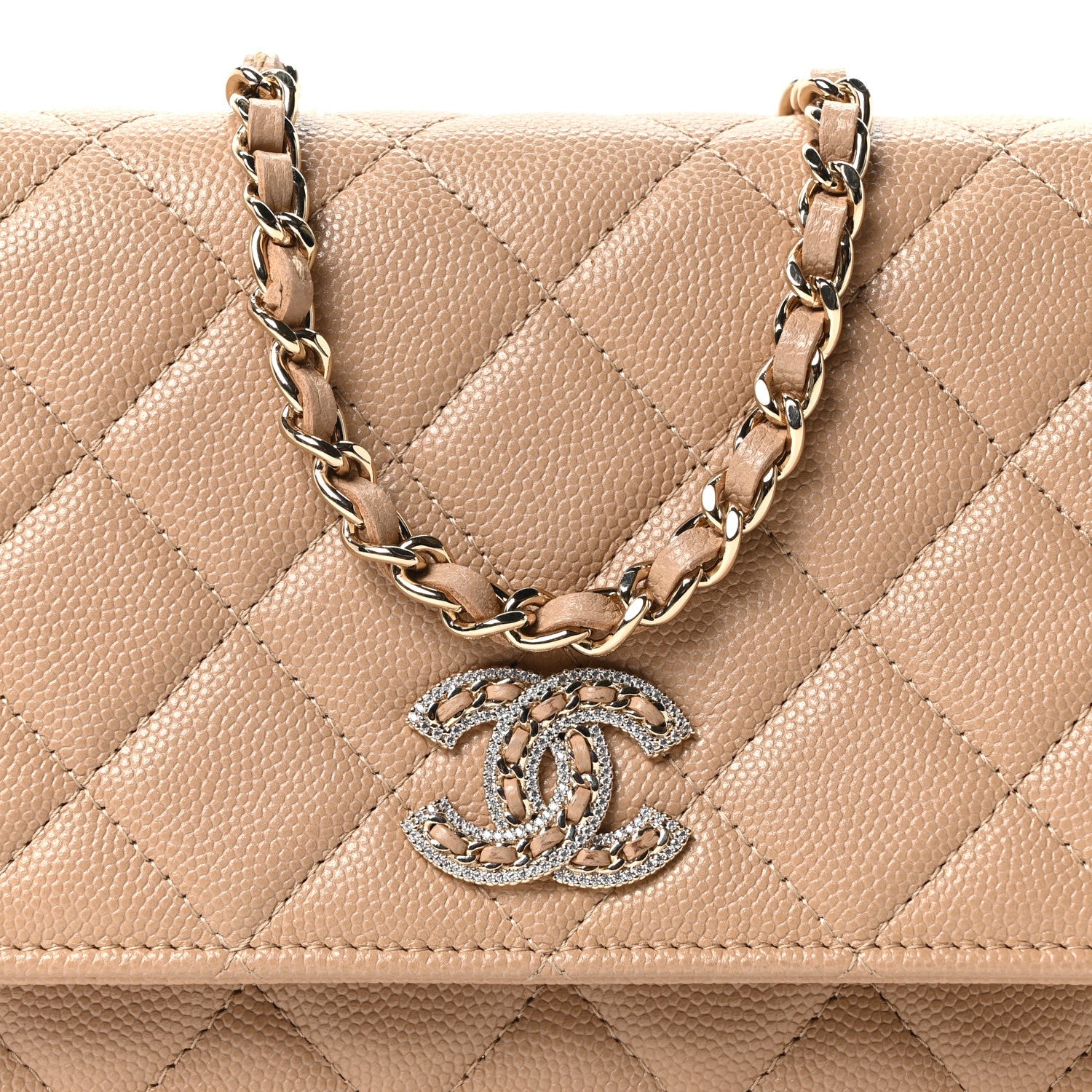 Chanel Caviar Quilted Crystal CC Wallet On Chain WOC Beige