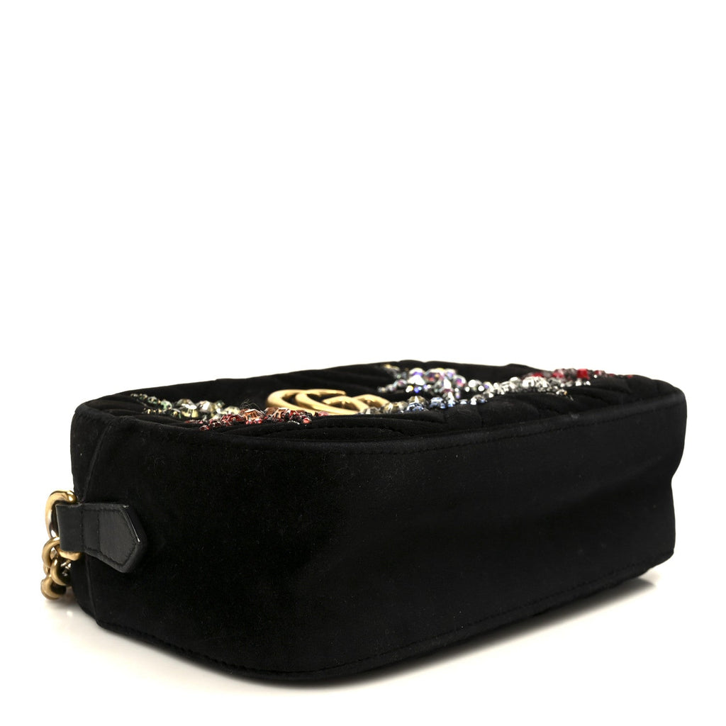 Gucci Velvet Matelasse Crystal Star Embroidered Small GG Marmont Chain Shoulder Bag Black