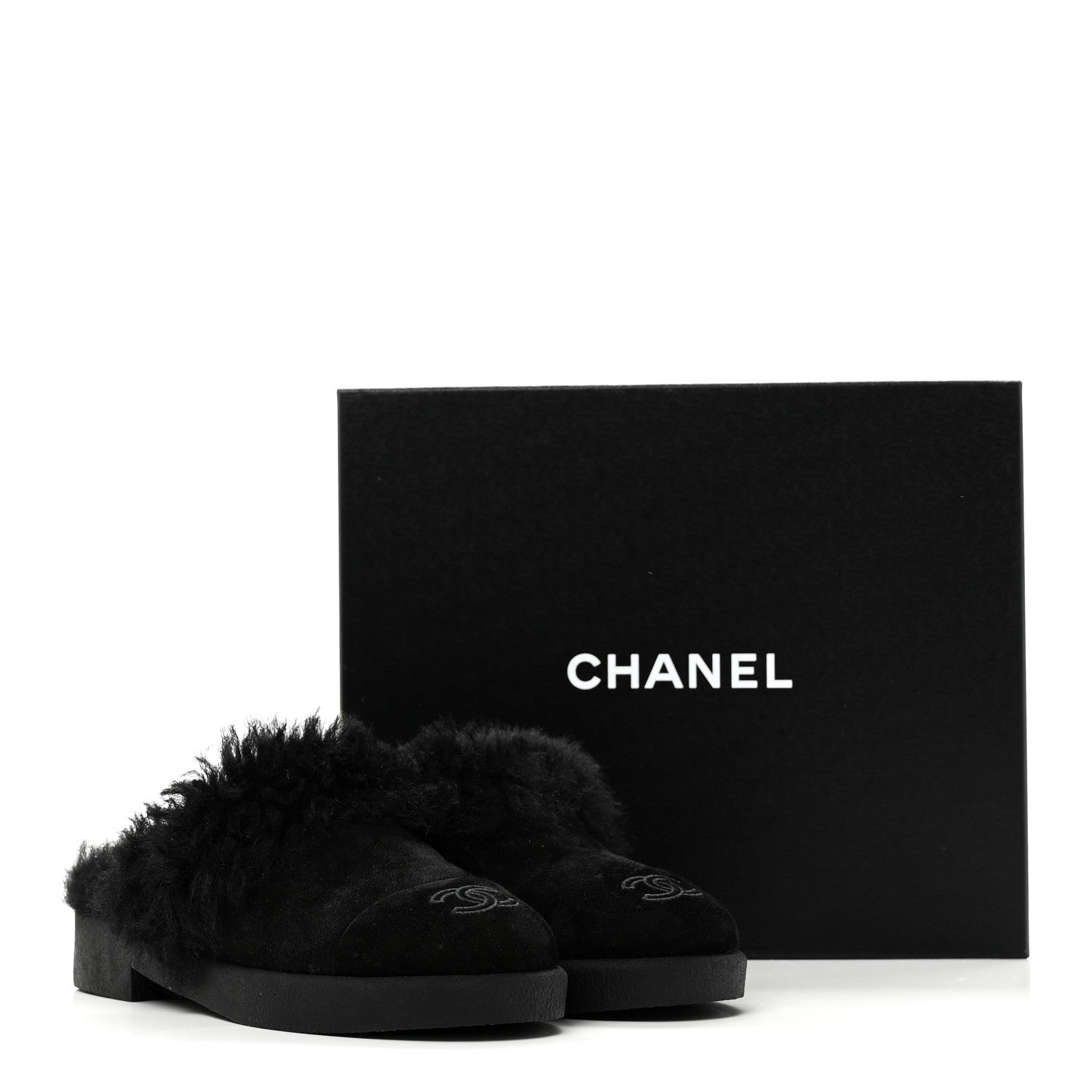 Chanel Suede Shearling CC Cap Toe Mules 36 Black