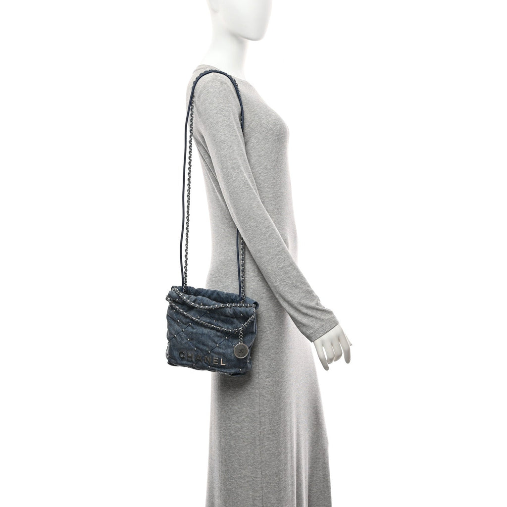 Chanel Washed Denim Quilted Studded Mini Chanel 22 Blue