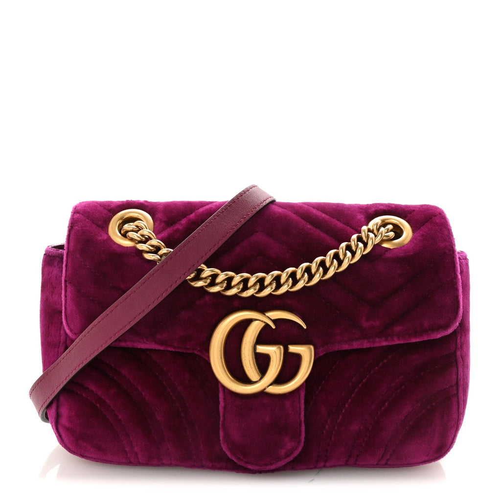 Gucci Velvet Matelasse Mini GG Marmont Shoulder Bag Fuchsia Violet Cyclamen
