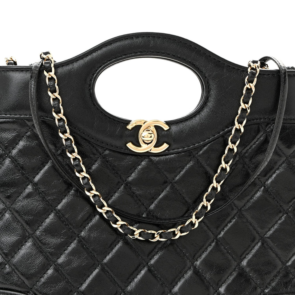Chanel Shiny Crumpled Calfskin Quilted Mini 31 Shopping Bag Black