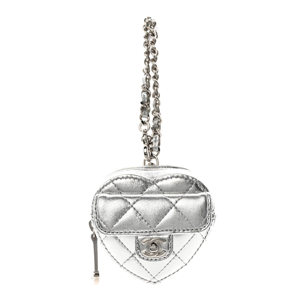 Metallic Lambskin Quilted CC Mini In Love Heart Bag Charm Silver
