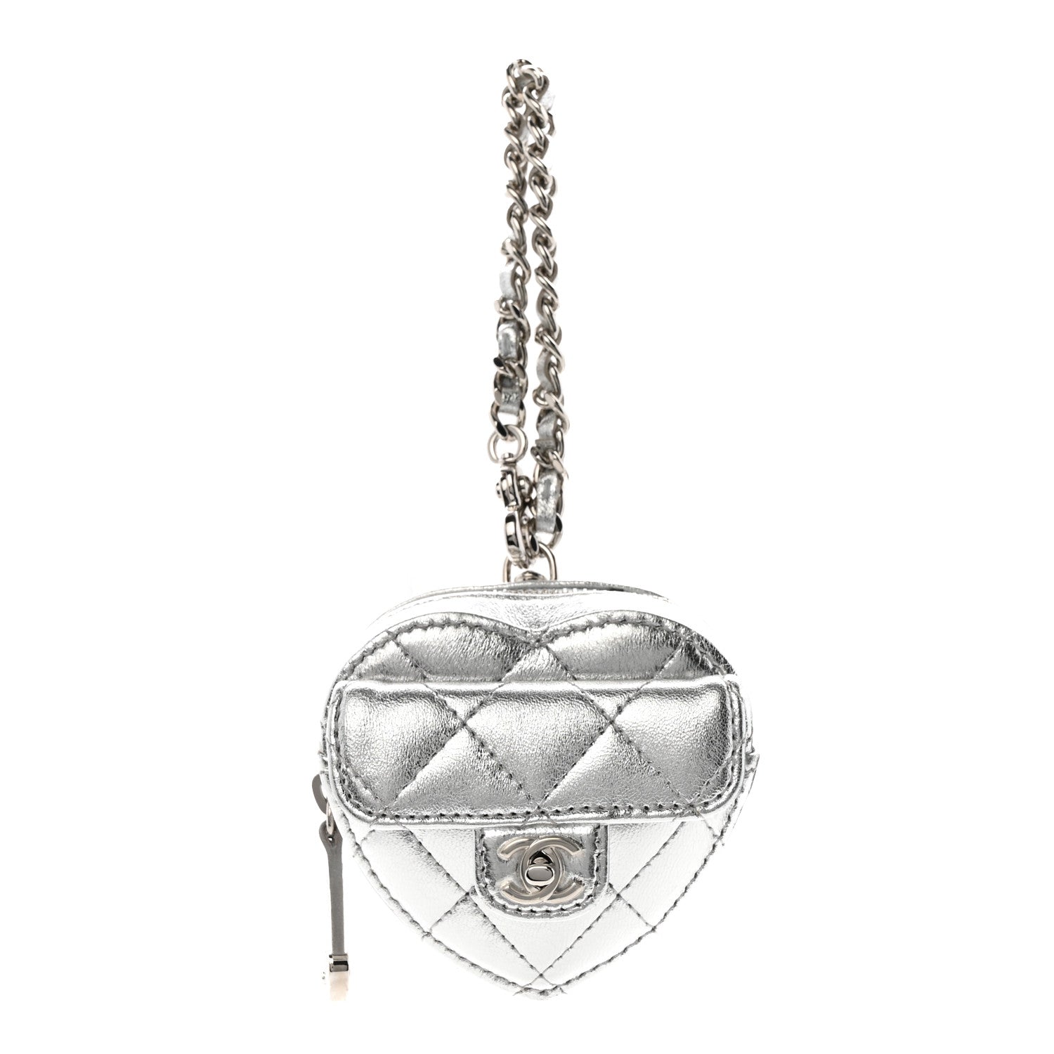 Metallic Lambskin Quilted CC Mini In Love Heart Bag Charm Silver