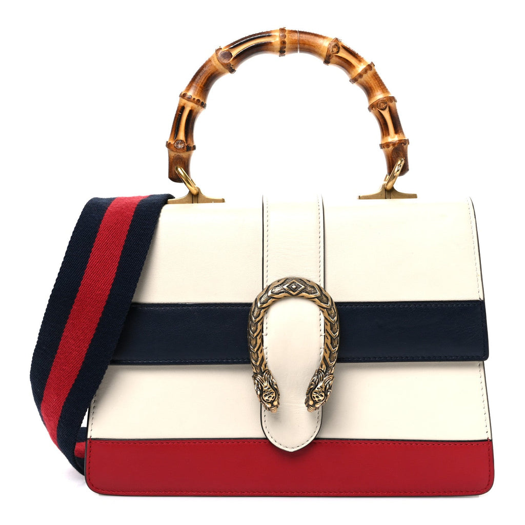 Gucci Calfskin Bamboo Web Medium Dionysus Top Handle Bag White Blue Hibiscus Red