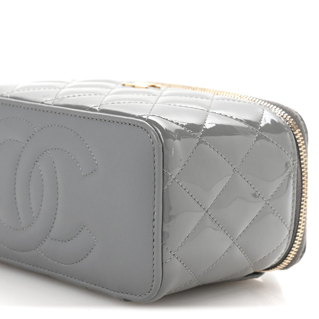 Chanel Patent Quilted Quilted Small Top Handle Vanity Case With Chain Grey