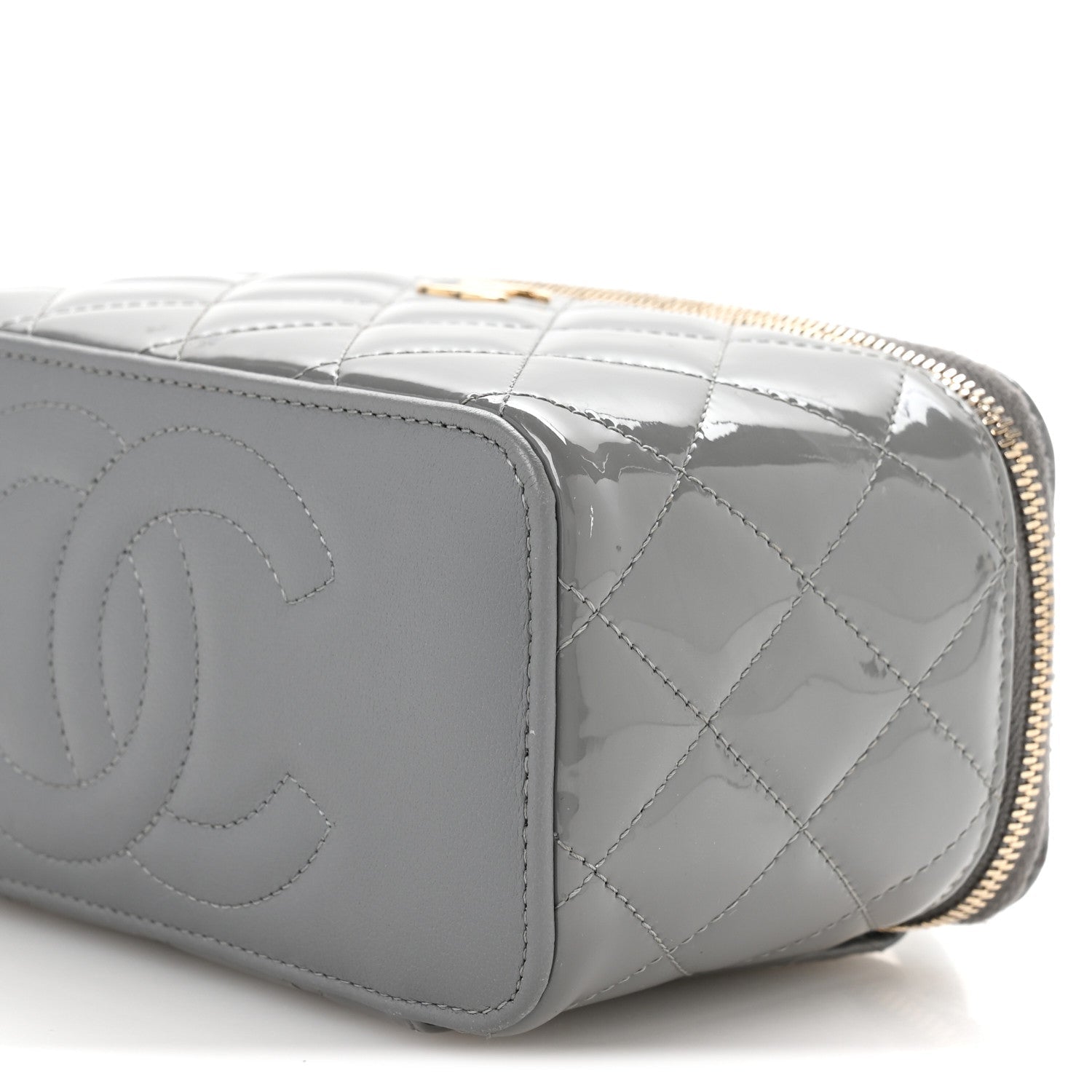 Chanel Patent Quilted Quilted Small Top Handle Vanity Case With Chain Grey