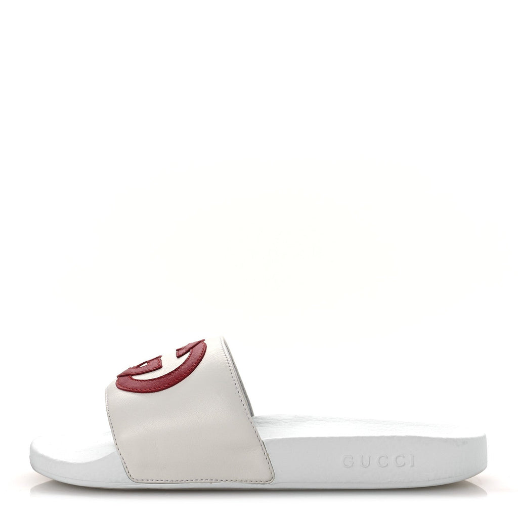 Gucci Nappa Miro Soft Calfskin Interlocking G Mens Slide Sandals 6 White Hibiscus Red