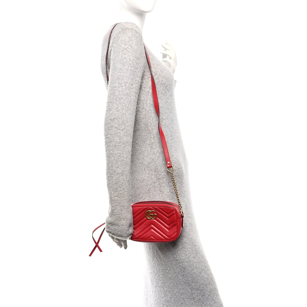 Gucci Calfskin Matelasse Mini GG Marmont Chain Shoulder Bag Hibiscus Red