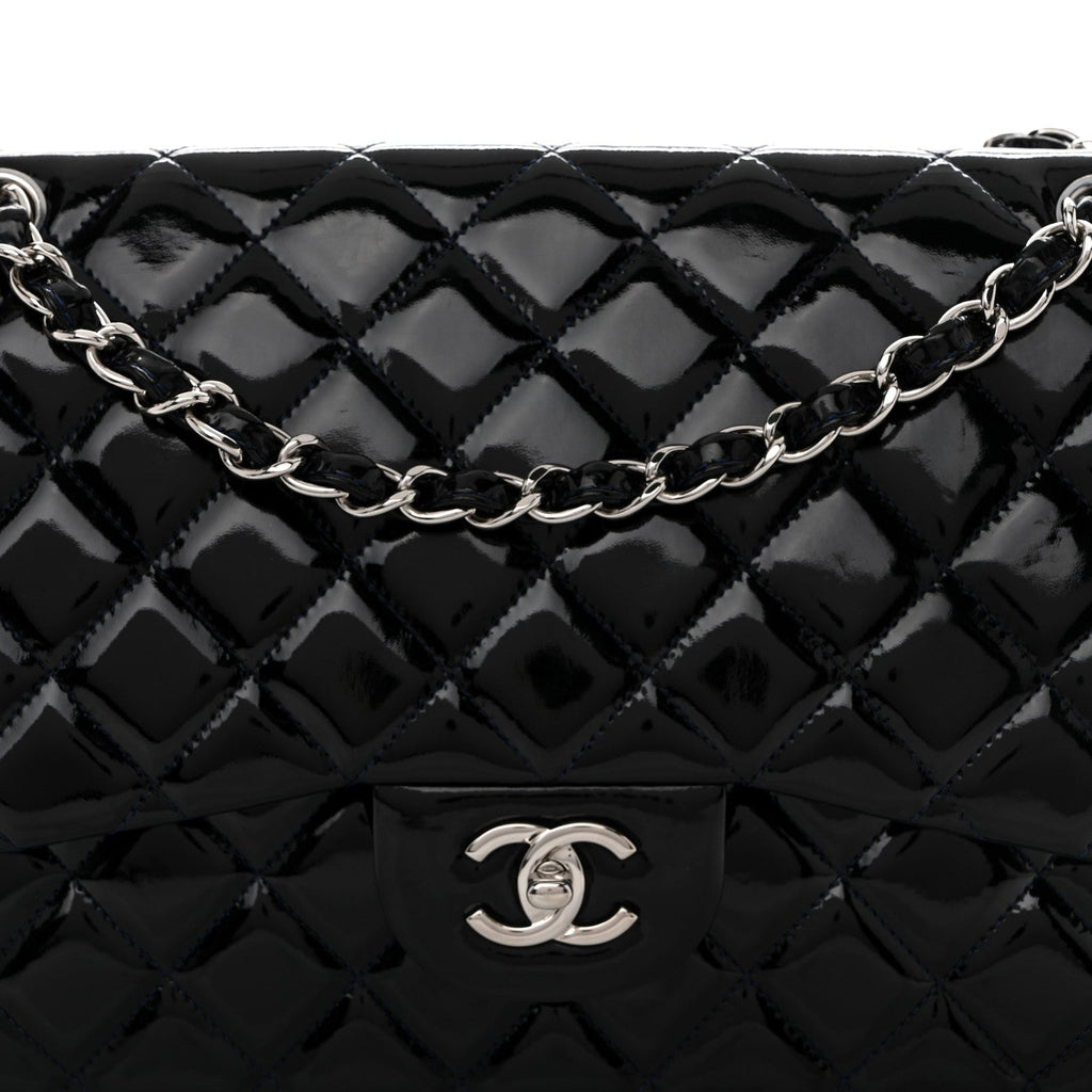Chanel Patent Quilted Jumbo Double Flap Dark Blue