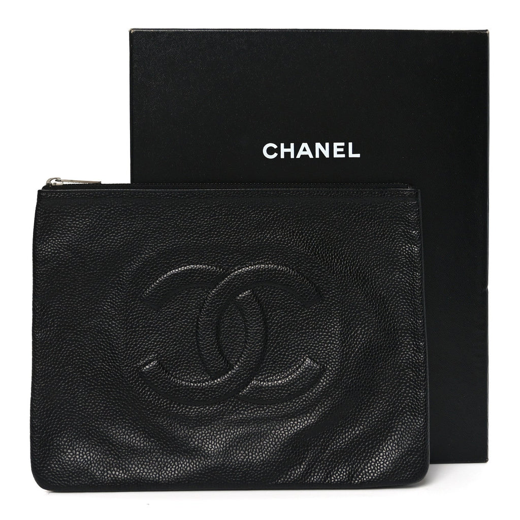 Chanel Caviar Timeless CC Cosmetic Pouch Clutch Black