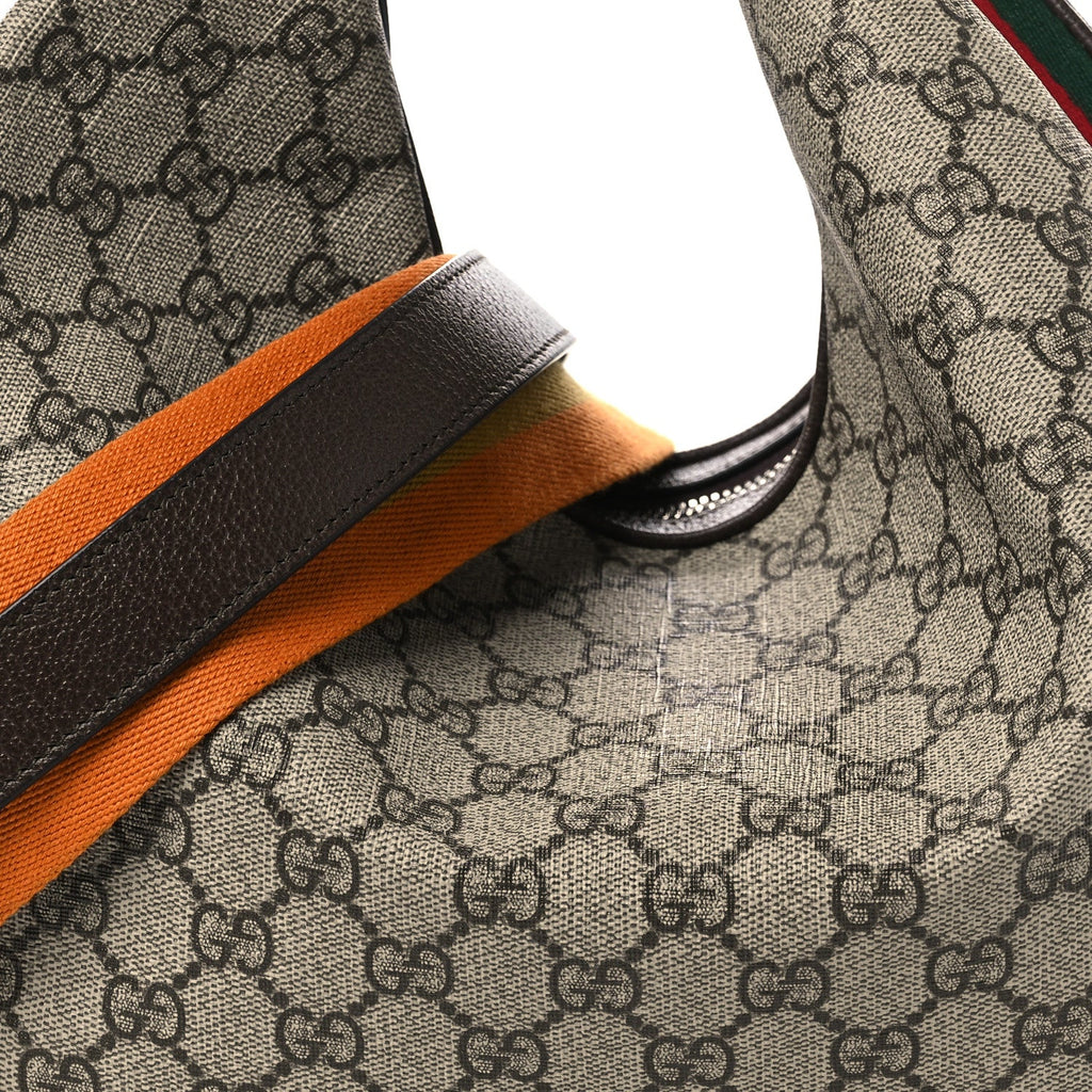 Gucci GG Supreme Monogram Textured Calfskin Web Large Attache Shoulder Bag Beige Ebony New Acero