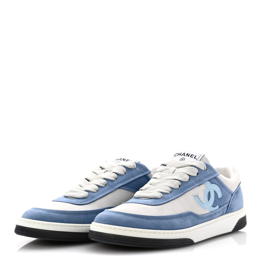 Chanel Suede Kidskin Womens CC Sneakers 39 White Blue