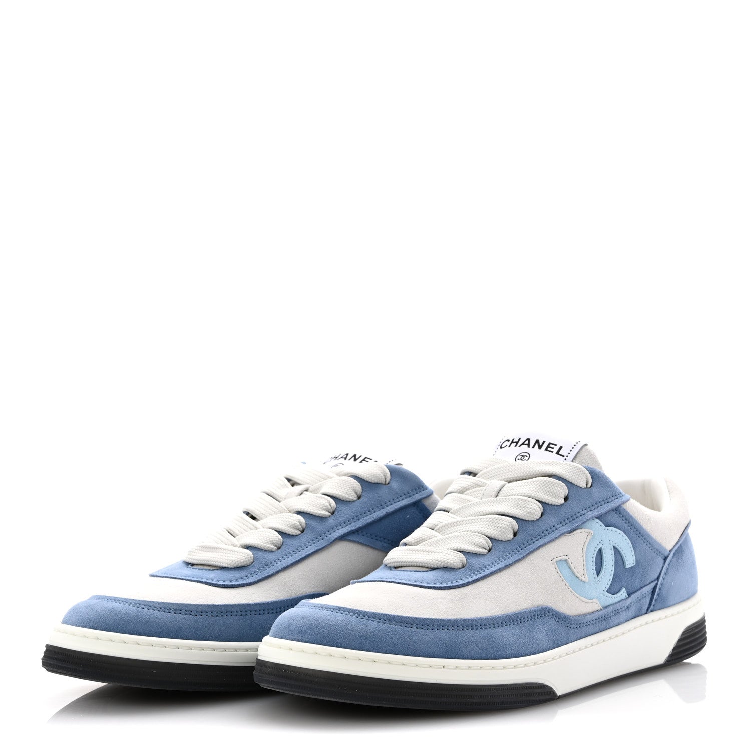Chanel Suede Kidskin Womens CC Sneakers 39 White Blue