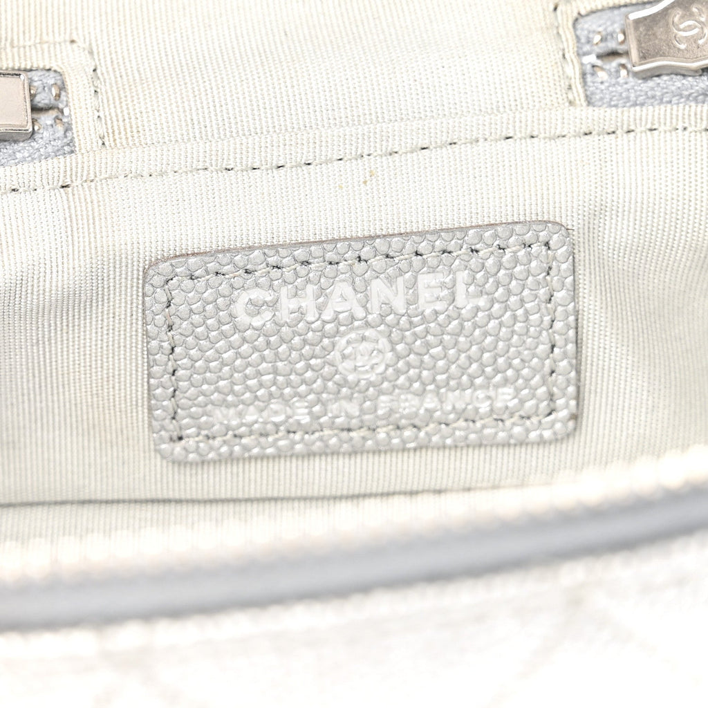 Chanel Metallic Caviar Quilted Mini Top Handle Vanity With Chain Silver