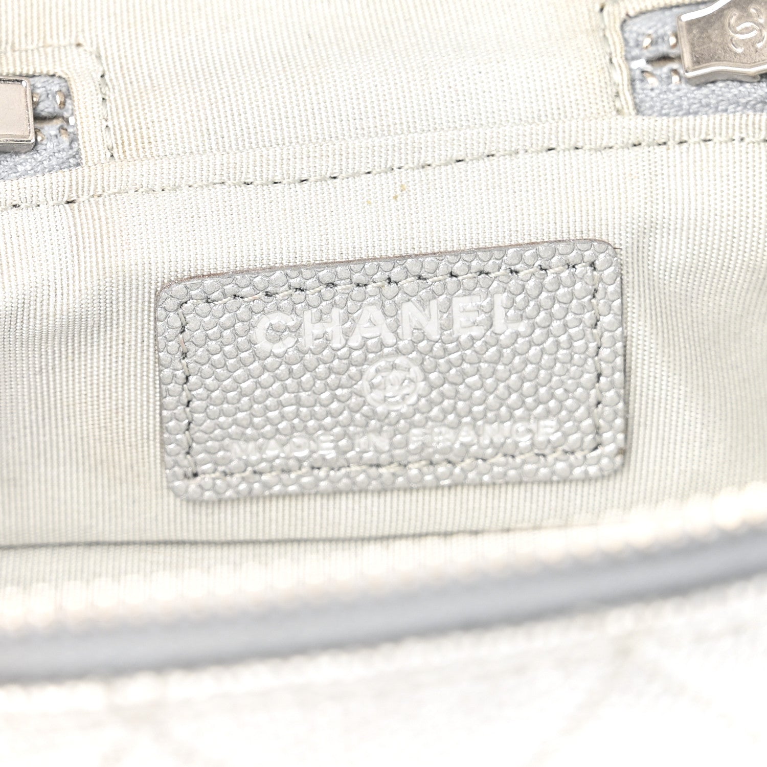 Chanel Metallic Caviar Quilted Mini Top Handle Vanity With Chain Silver