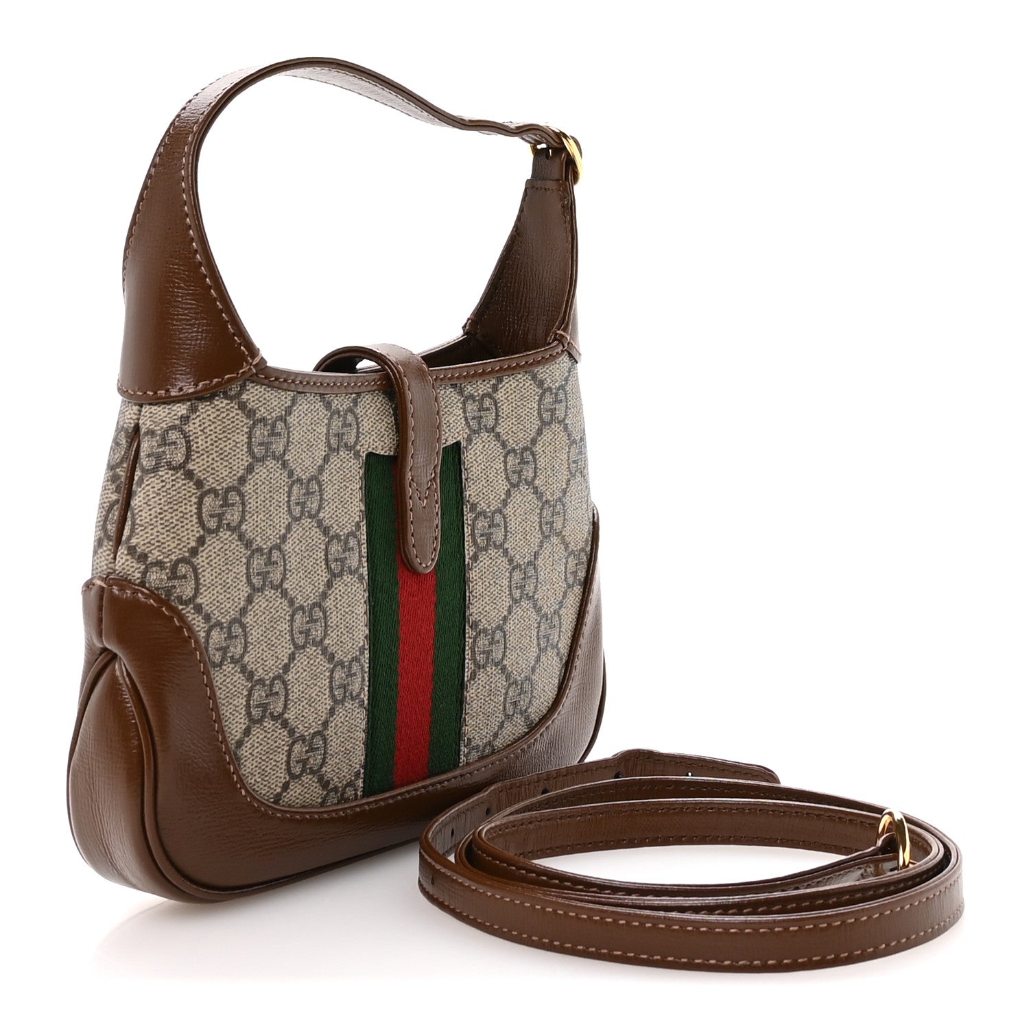 Gucci GG Supreme Monogram Azalea Calfskin Web Mini Jackie 1961 Hobo Beige Ebony Brown Sugar