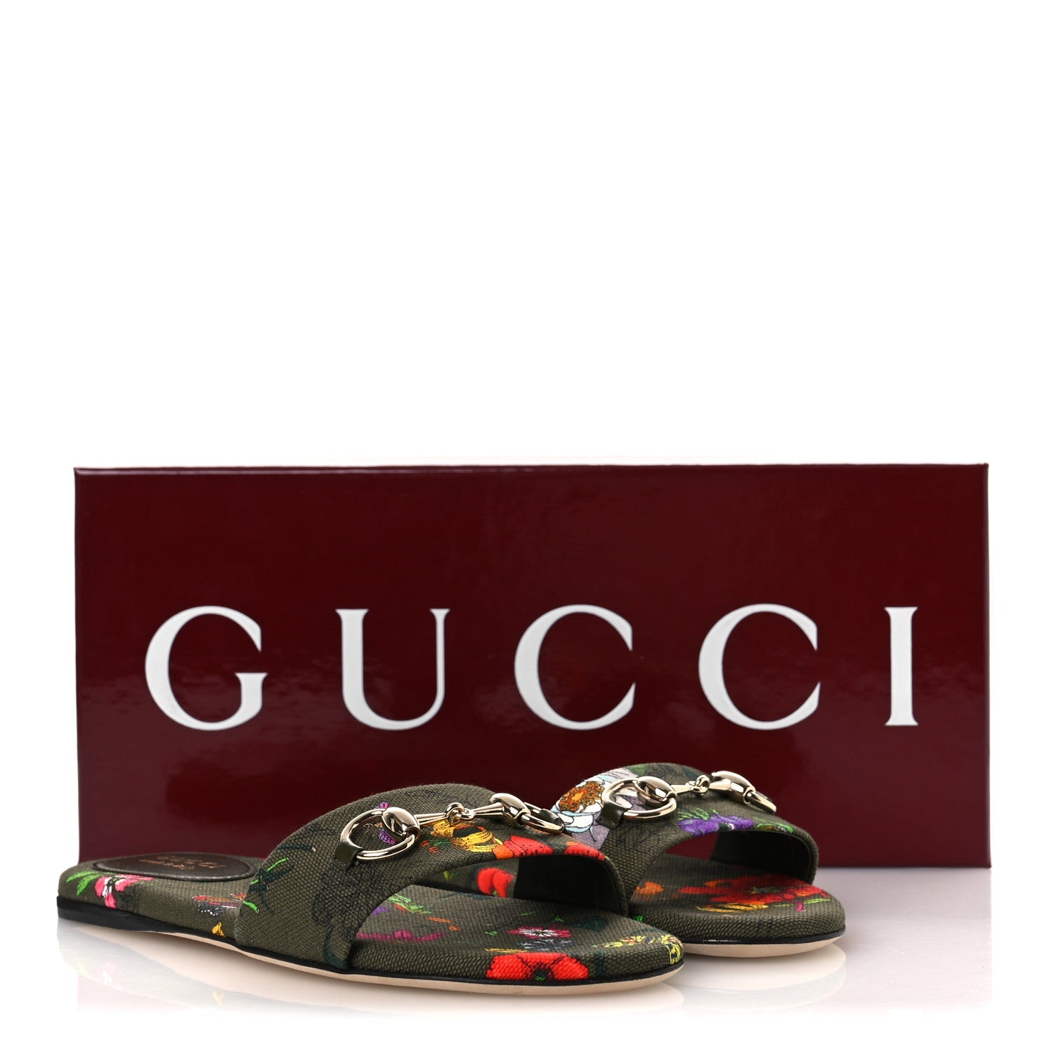 Gucci Canvas Flora Floral Horsebit Slide Sandals 36 Green