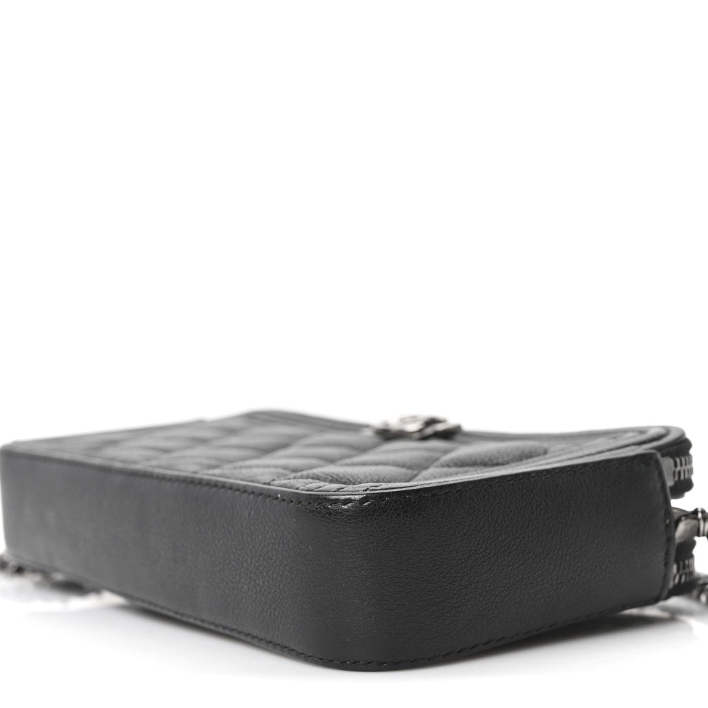 Chanel Grained Calfskin Quilted Boy Phone Holder Wallet On Chain Black