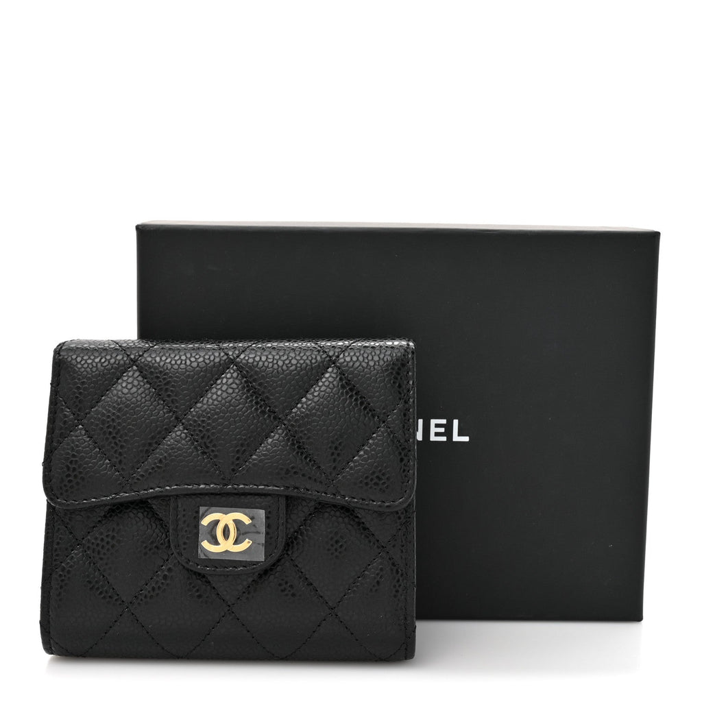 Caviar Quilted Compact Flap Wallet Black