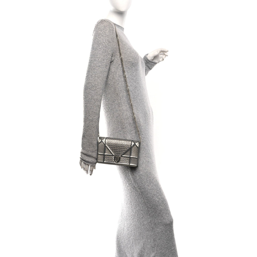 Christian Dior Metallic Patent Micro-Cannage Diorama Wallet on Chain Pouch Silver