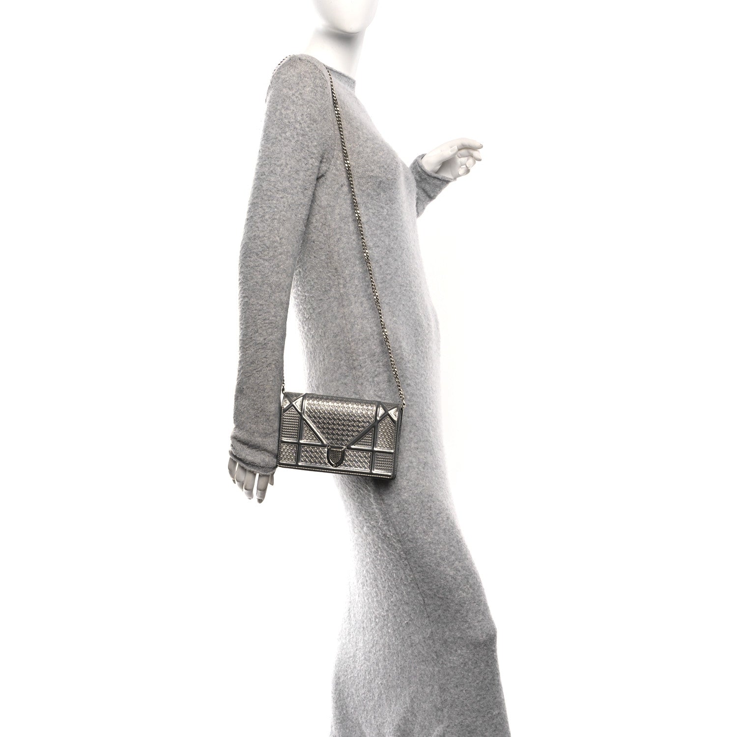 Christian Dior Metallic Patent Micro-Cannage Diorama Wallet on Chain Pouch Silver