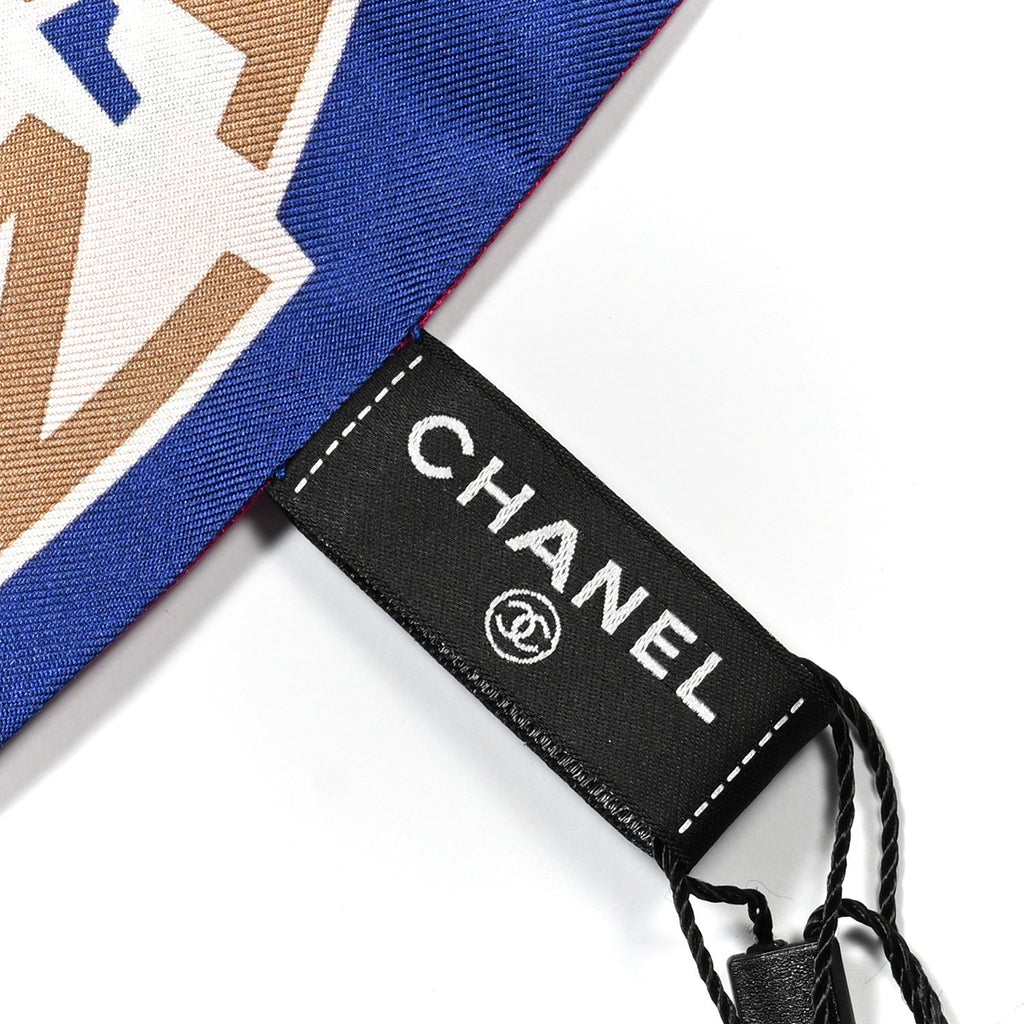 Chanel Silk Twill Slim Bandeau Scarf Blue Ecru Beige