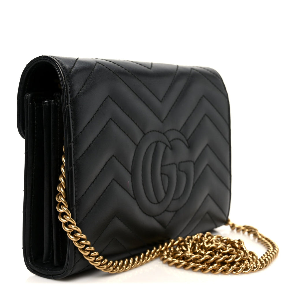Gucci Calfskin Matelasse GG Marmont Chain Wallet Black