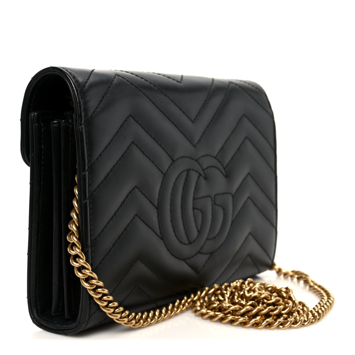 Gucci Calfskin Matelasse GG Marmont Chain Wallet Black