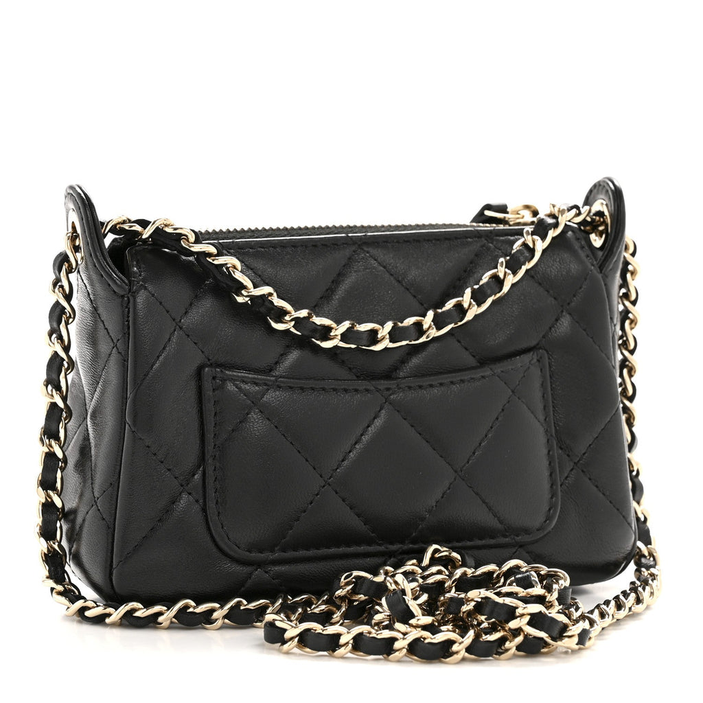 Chanel Shiny Crumpled Lambskin Quilted Mini Clutch With Chain Black
