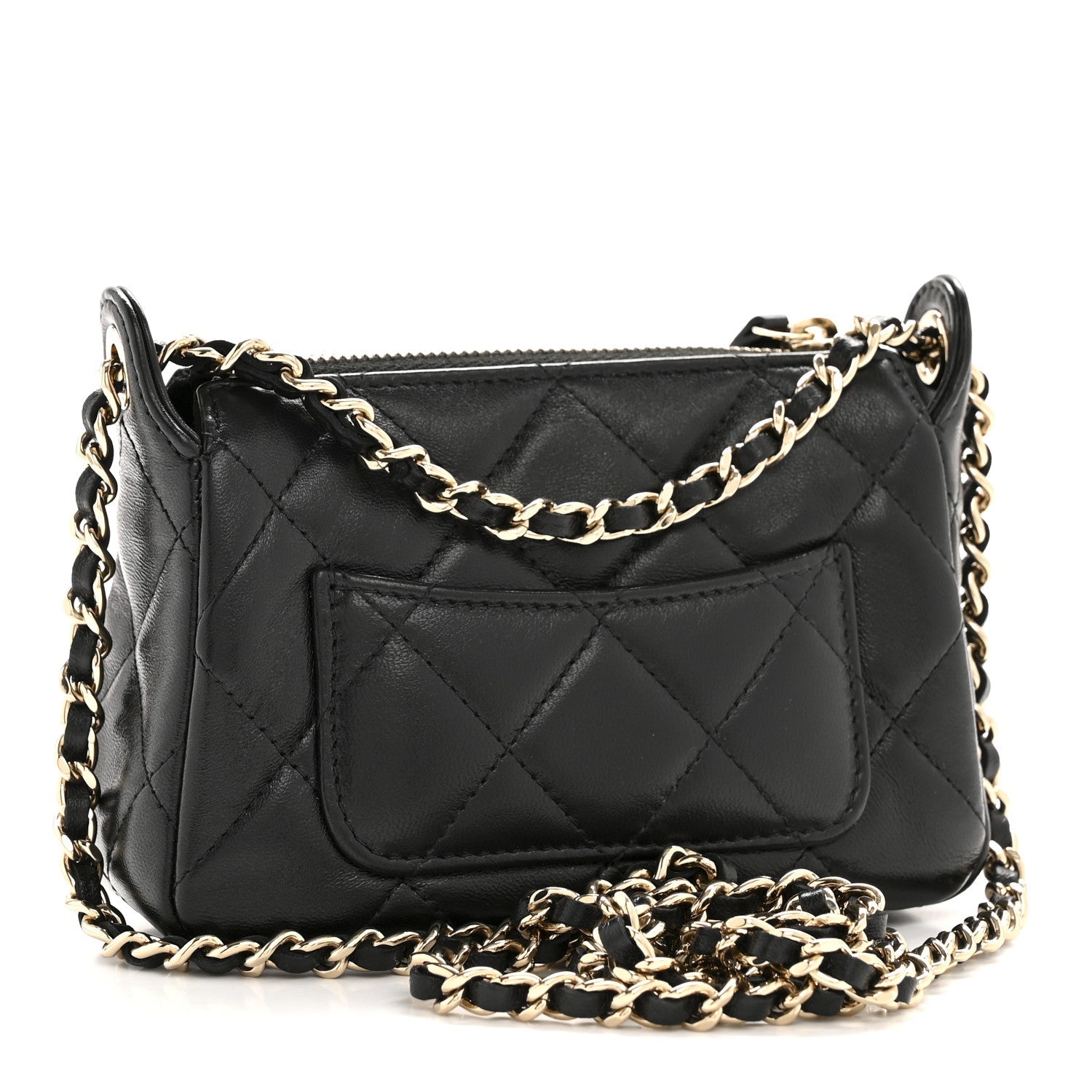 Chanel Shiny Crumpled Lambskin Quilted Mini Clutch With Chain Black