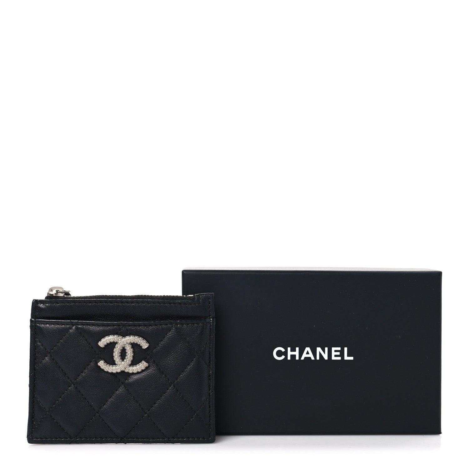 Lambskin Quilted CC Zip Card Holder Black