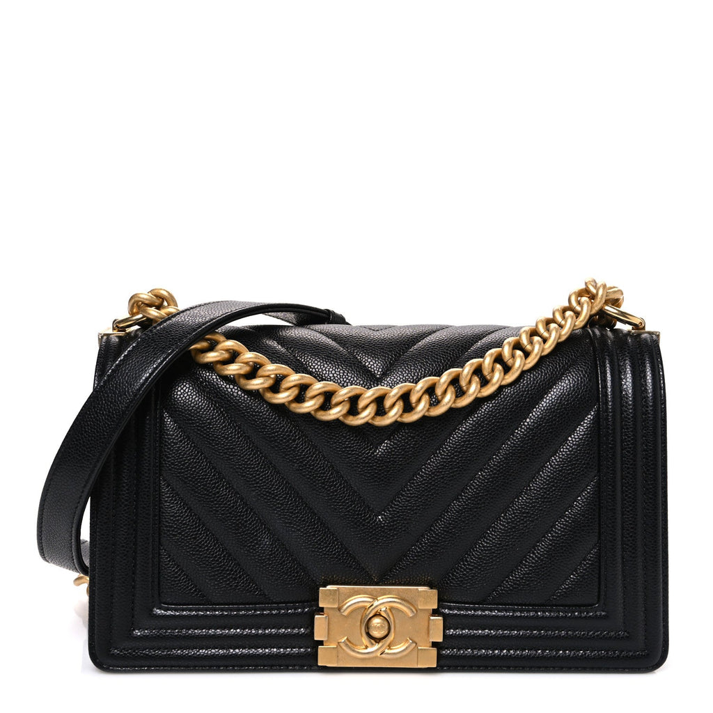 Chanel Caviar Chevron Quilted Medium Boy Flap Black