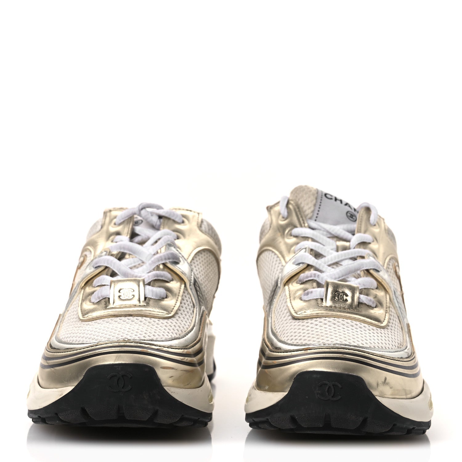 Fabric Laminated Calfskin Stretch CC Sneakers 37 White Gold Silver