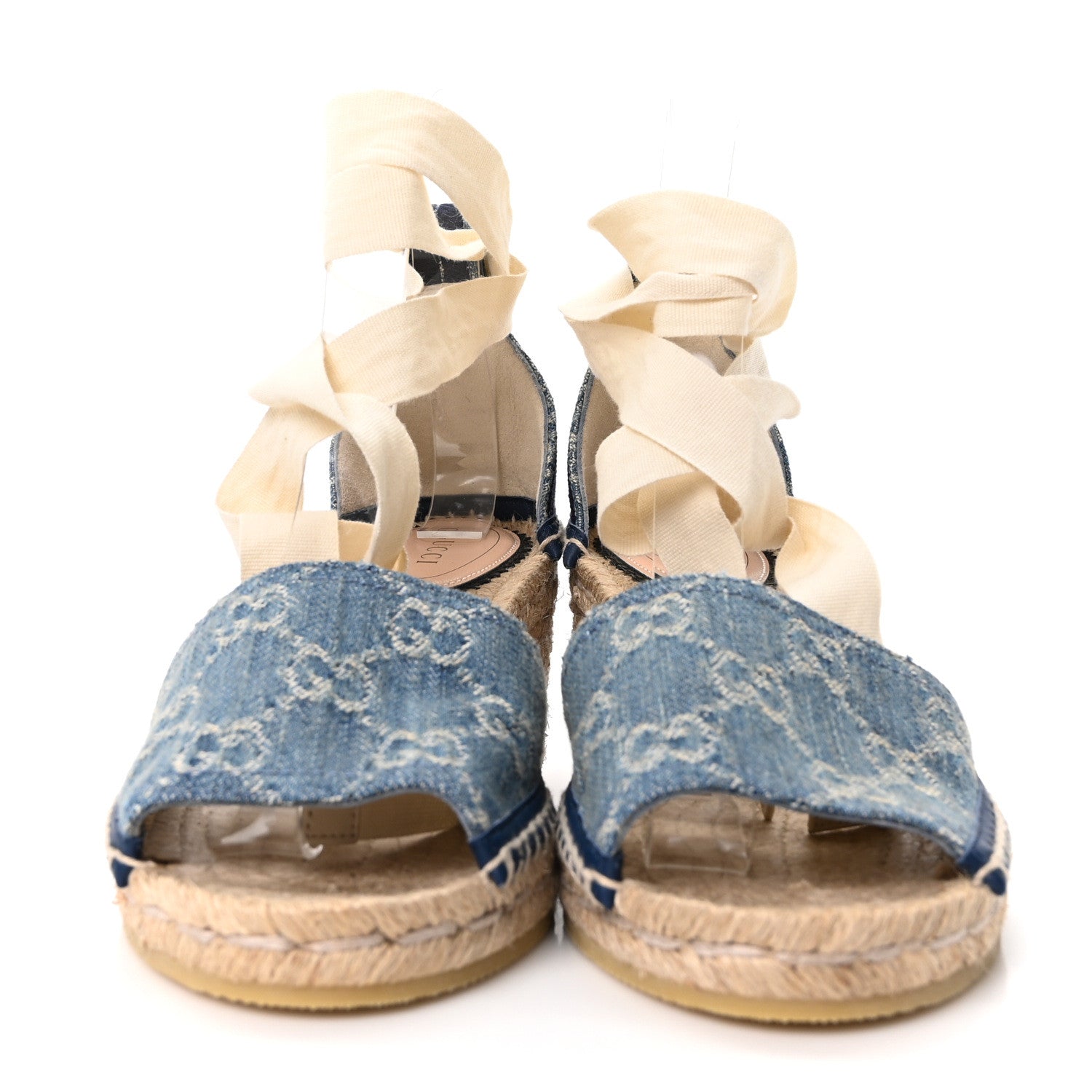 Gucci New Denim GG Monogram Pilar Ankle Wrap Espadrille Wedge Sandals 36.5 Light Blue