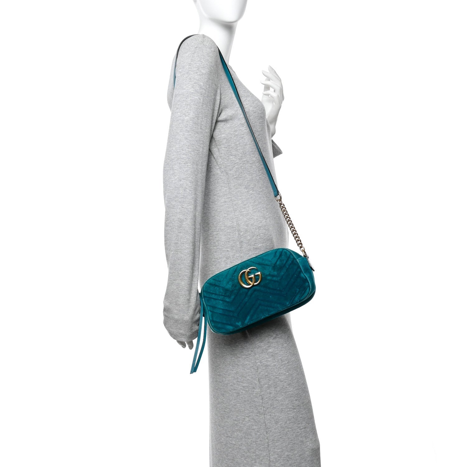 Gucci Velvet Matelasse Small GG Marmont Chain Shoulder Bag Pavone Cyan
