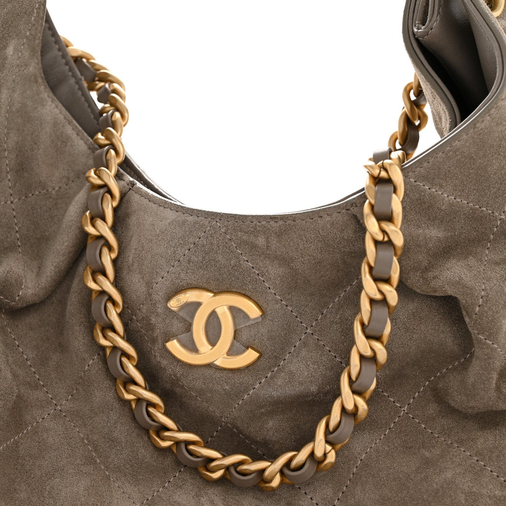 Chanel Suede Calfskin Lambskin Quilted Maxi Hobo Grey