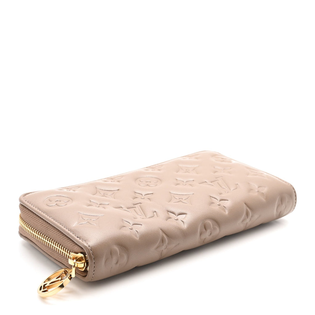 Louis Vuitton Lambskin Embossed Monogram Coussin Zippy Wallet Taupe