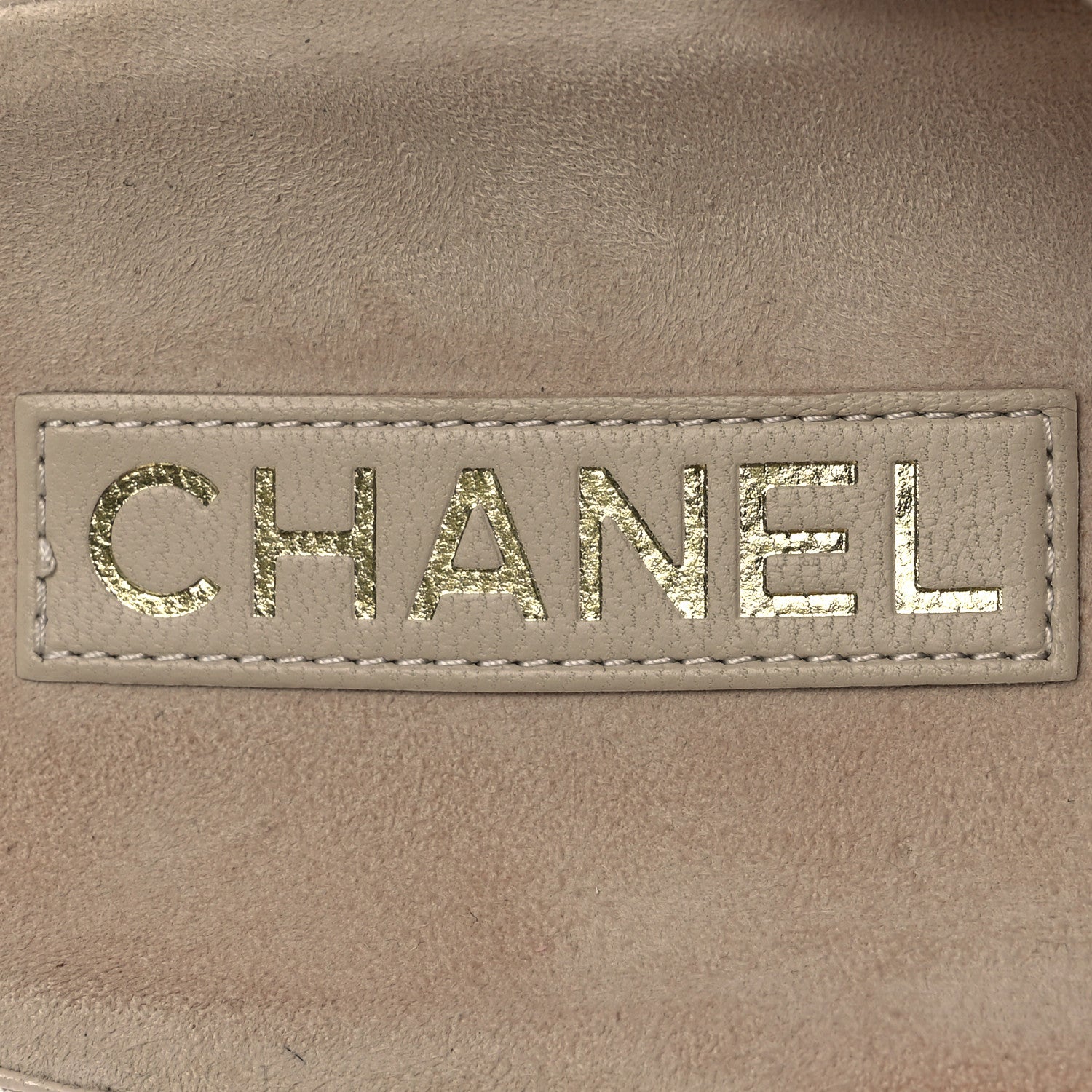 Chanel Shiny Calfskin Crystal Quilted Velcro Dad CC Slide Sandals 38 Light Beige