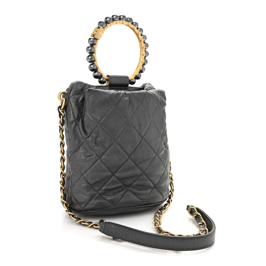 Chanel Metallic Lambskin Quilted Pearl Crown Drawstring Bag Anthracite