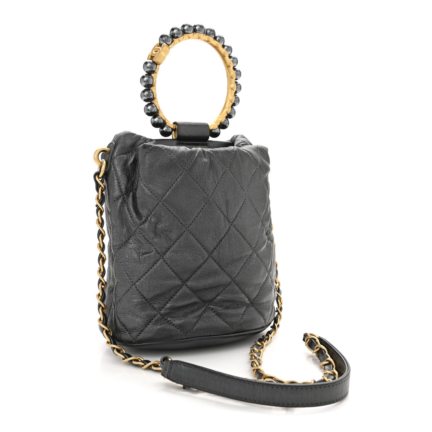 Chanel Metallic Lambskin Quilted Pearl Crown Drawstring Bag Anthracite