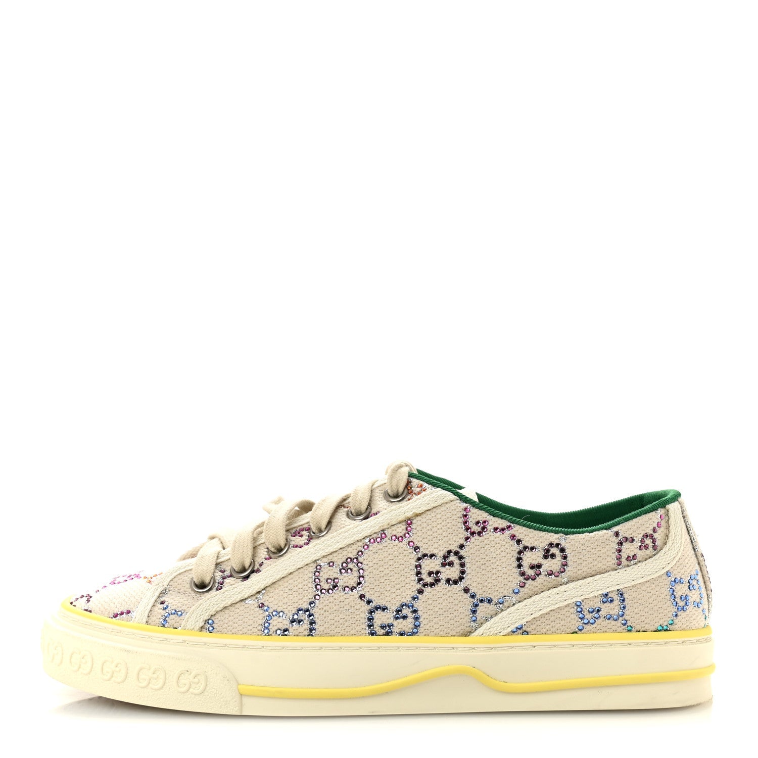 Gucci Canvas Lame Crystal GG Monogram Womens 1977 Tennis Sneakers 36 Gardenia Silver Mystic White