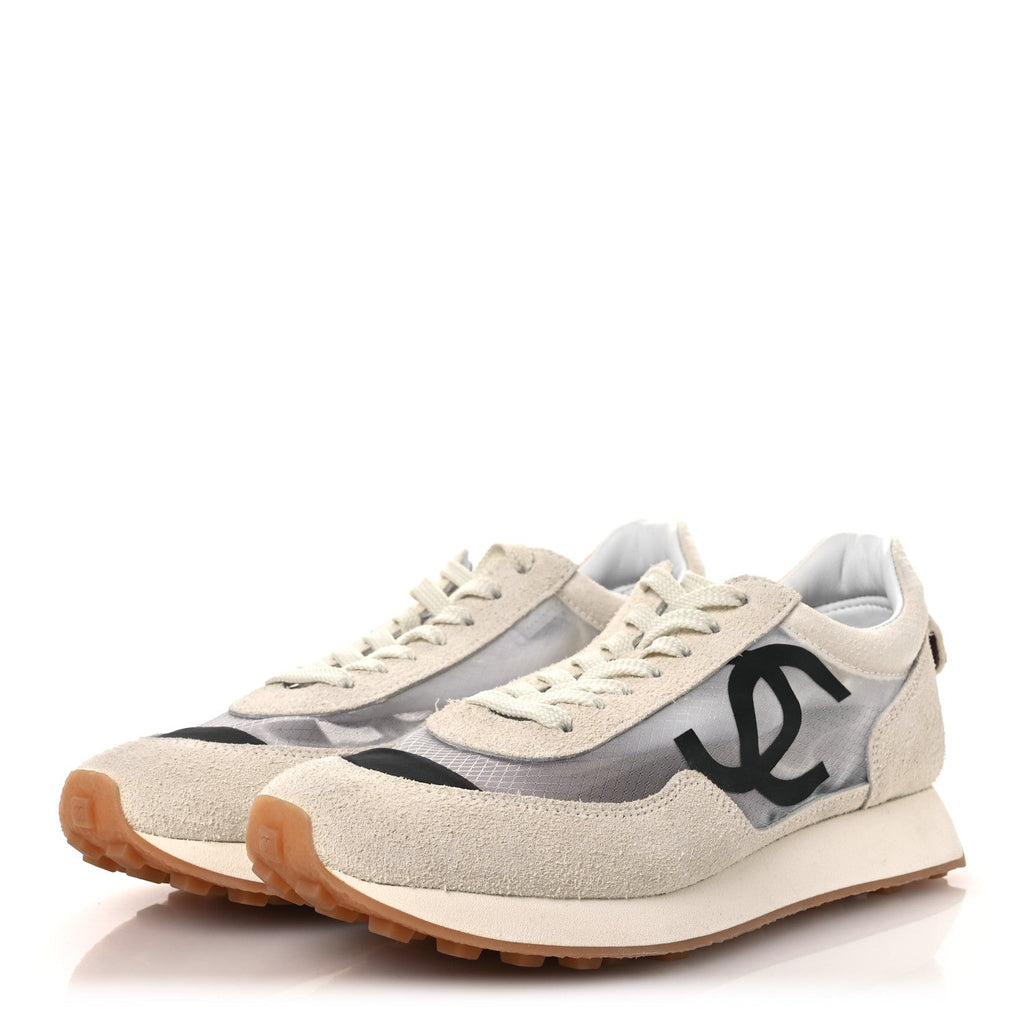 Chanel Suede Mesh Womens CC Sneakers 39 White Black